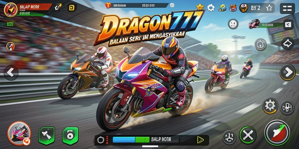 Screenshot antarmuka balap motor DRAGON777 yang menampilkan aksi mendebarkan.
