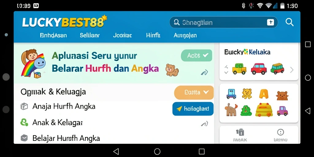 Antarmuka LUCKYBEST88 dengan fitur edukatif untuk belajar huruf dan angka.