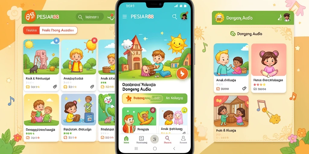Antarmuka PESIAR88 menampilkan cerita audio yang menarik dan ramah anak.