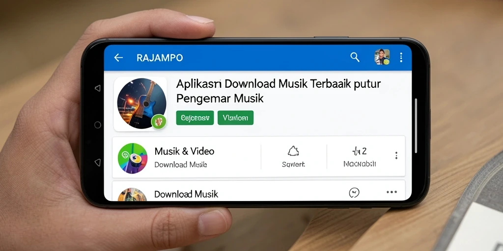 Tampilan antarmuka aplikasi Download Musik RAJAMPO yang sederhana dan menarik.