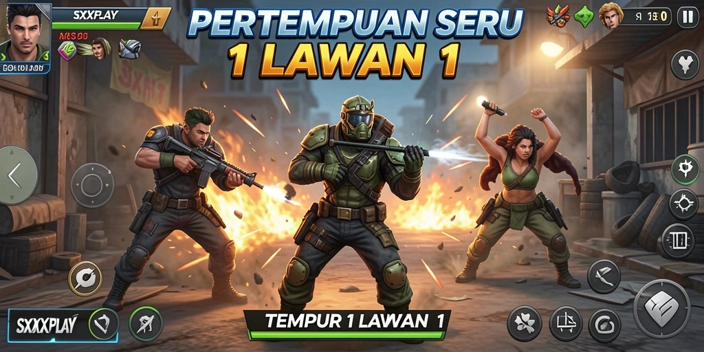 Tampilan antarmuka pertempuran SXXPLAY yang memukau dan dinamis.